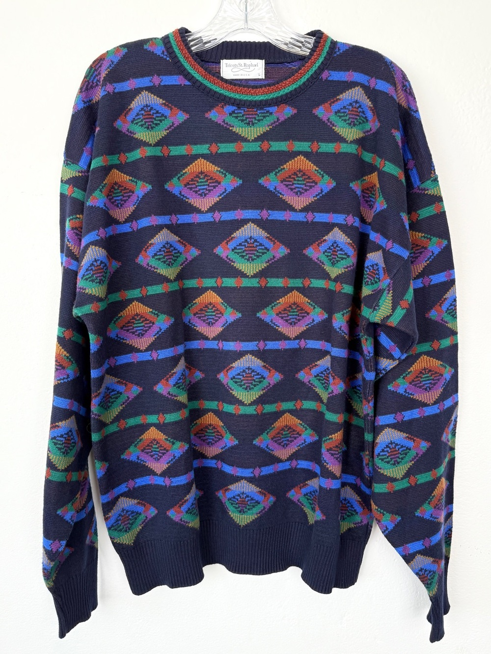 Vintage Tricots St. Raphael Size L Navy Multicolor Geometric Sweater